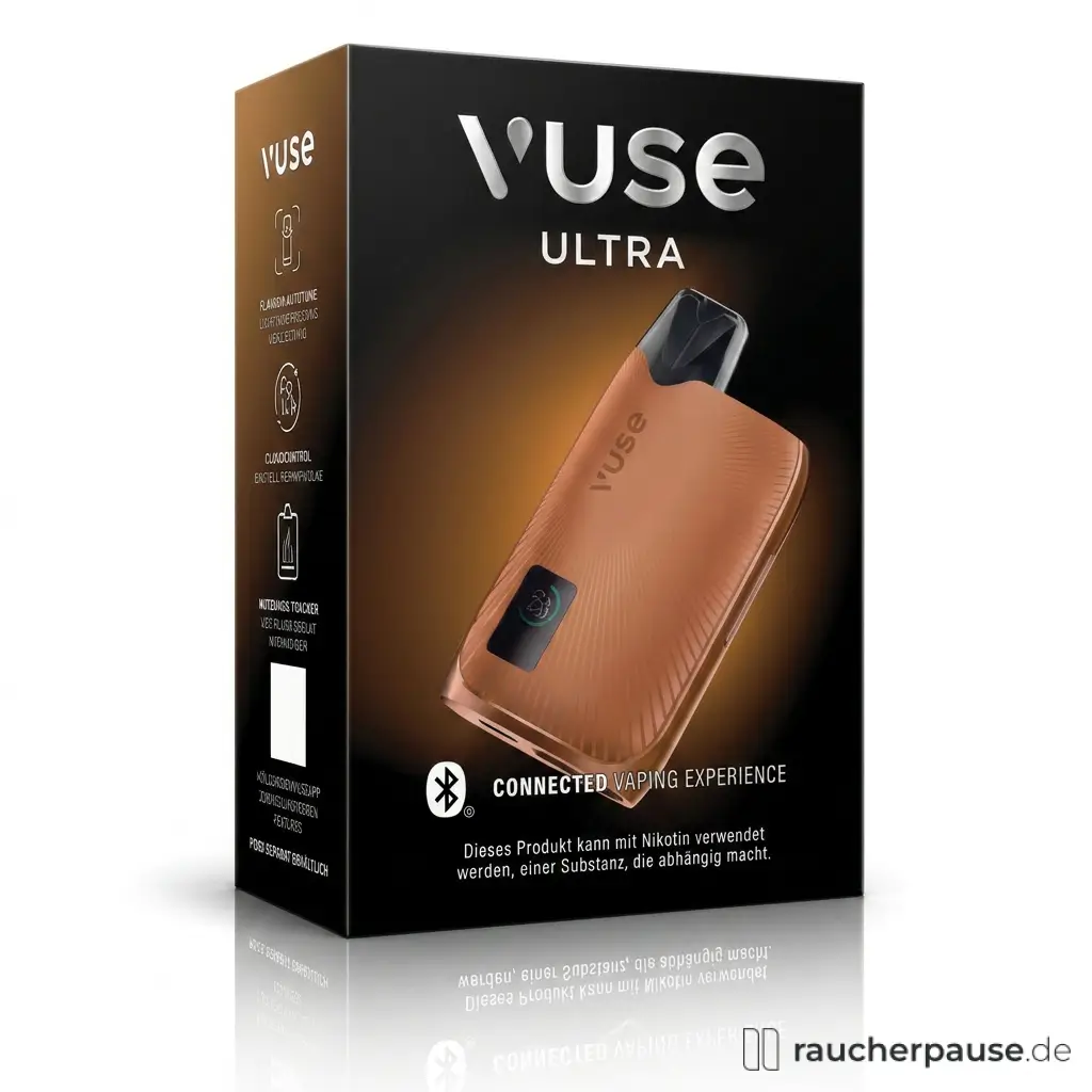 Vuse ULTRA E-Zigarette Kit in schwarzer Box mit silbernem Logo und warmem, metallischen Braunton, Copper-Ausführung.