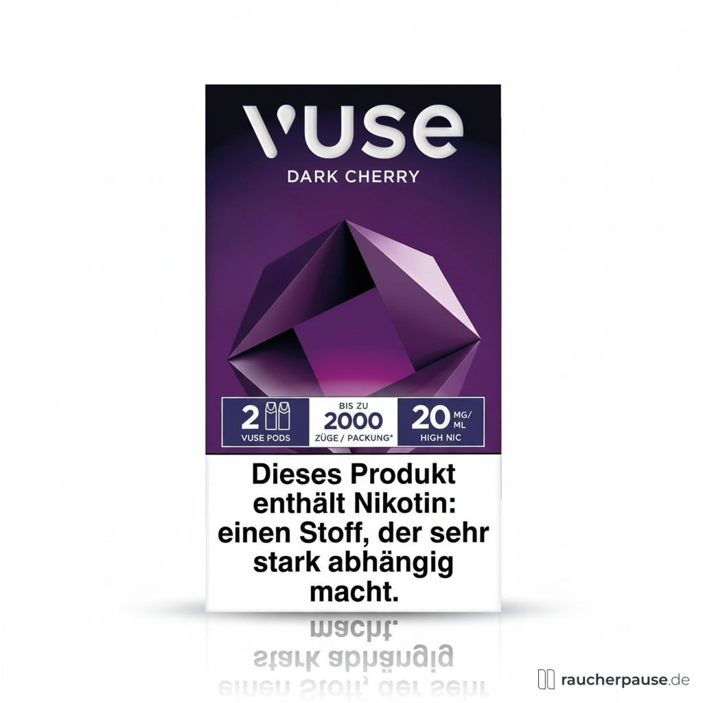 Vuse Pods Dark Cherry mit 20 mg/ml Nikotin, 2 Pods, in dunkler Kirsche-Farbe mit transparentem Gehäuse.