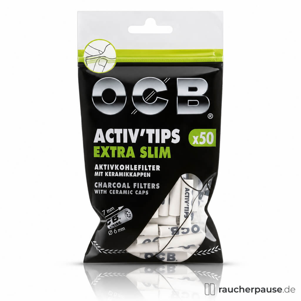 OCB Activ Tips Extra Slim 6 mm mit Aktivkohlefilter | 50 Stück