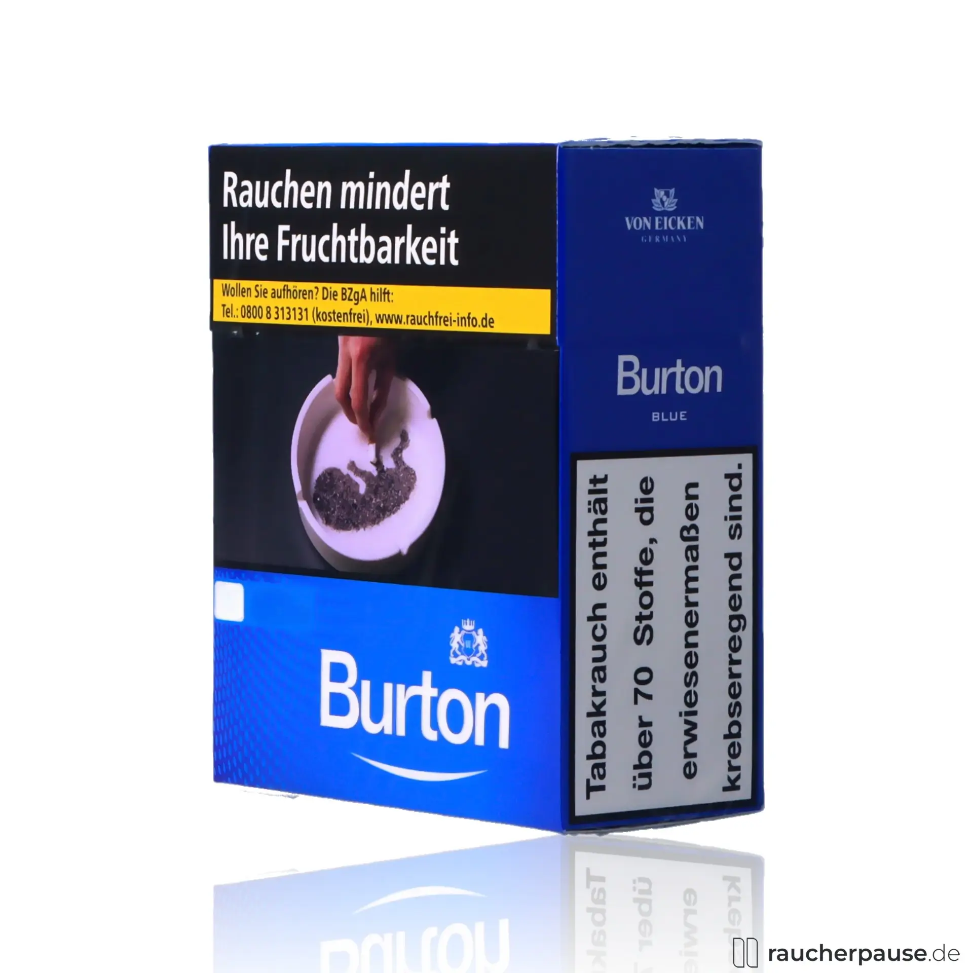 Burton Blue XXXL Zigarettenbox in blau mit Wappen-Logo und moderner, rechteckiger Verpackung, 40 Stk. pro Packung, King-Size American Blend.