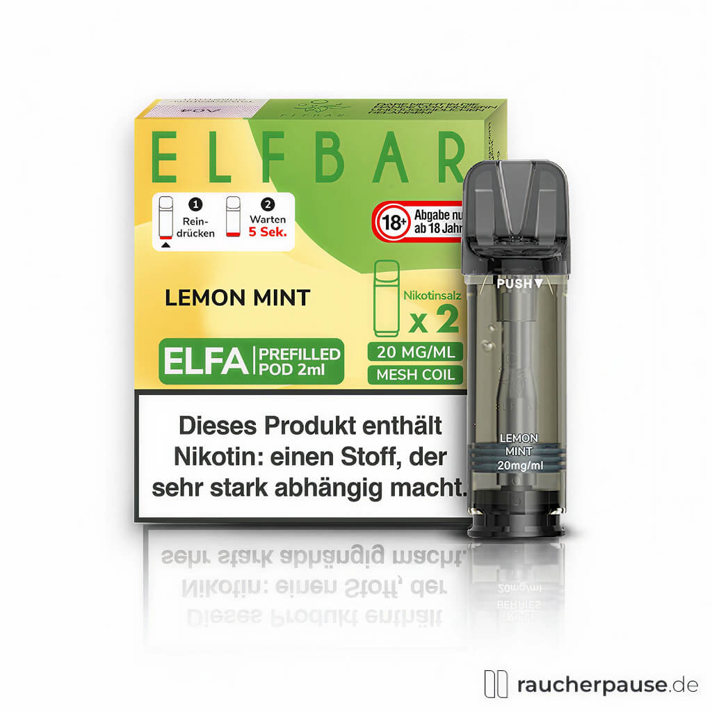 Elf Bar Elfa Prefilled Pods Lemon Mint 20mg/ml Nikotin 2x2ml in gelb-grüner quadratischer Box mit ELF BAR Logo auf grünem Hintergrund.