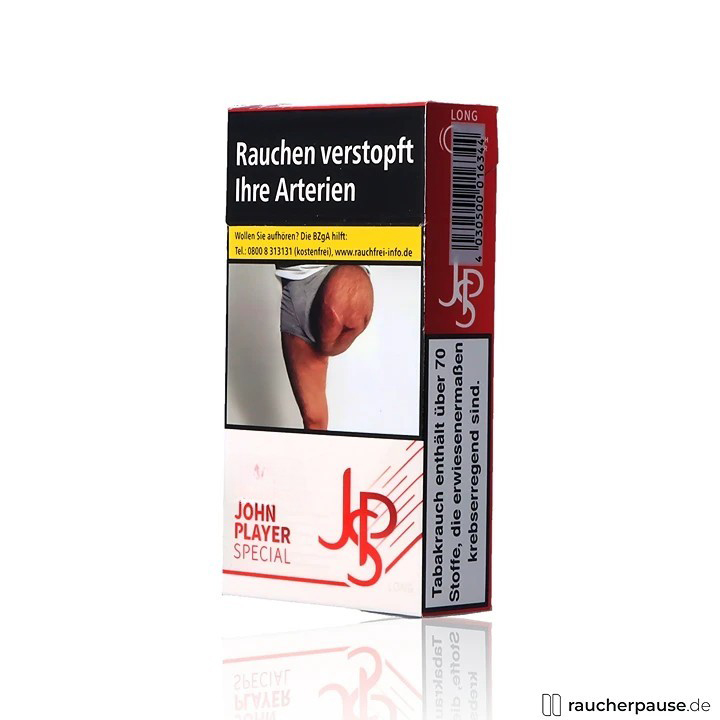 JPS Red Long Zigaretten in einer roten, quadratischen Box mit weißen und schwarzen Elementen und modernem, minimalistischem Logo auf der Vorderseite.