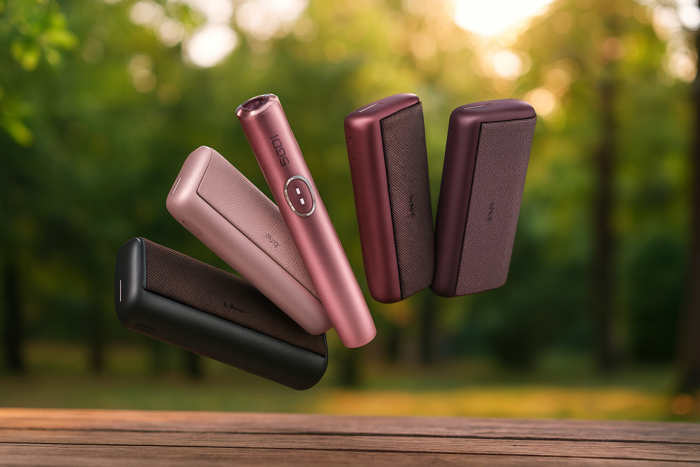 Verschiedene Iqos Geräte nebeneinander mit Park im Hintergrund