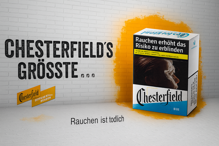 Chesterfield Zigaretten XL Packung mit Slogan "Chesterfield's Größte..."