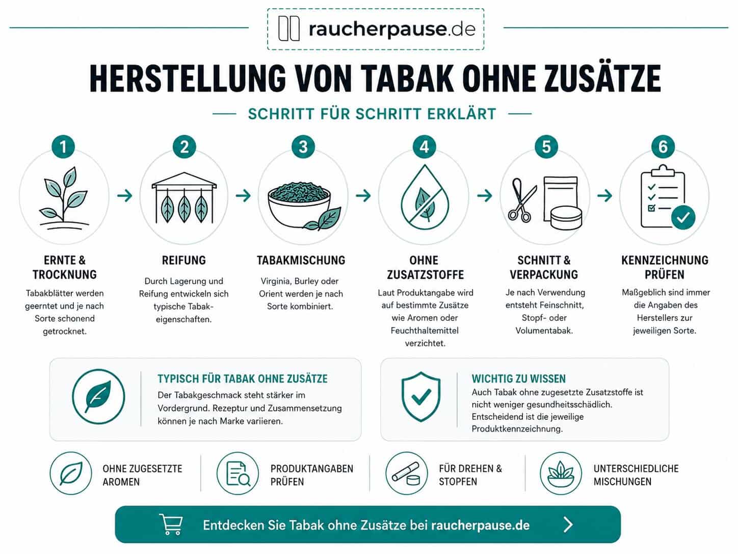 Infografik zur Herstellung von Tabak ohne Zusätze von der Ernte und Trocknung bis zur Kennzeichnungsprüfung