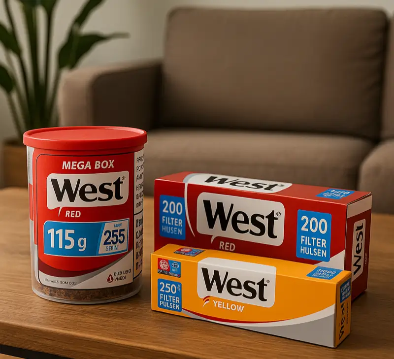West Red Mega Box Tabak 115 g und Filterhülsen in roten und gelben Verpackungen, präsentiert auf einem Tisch in einem Wohnraum.
