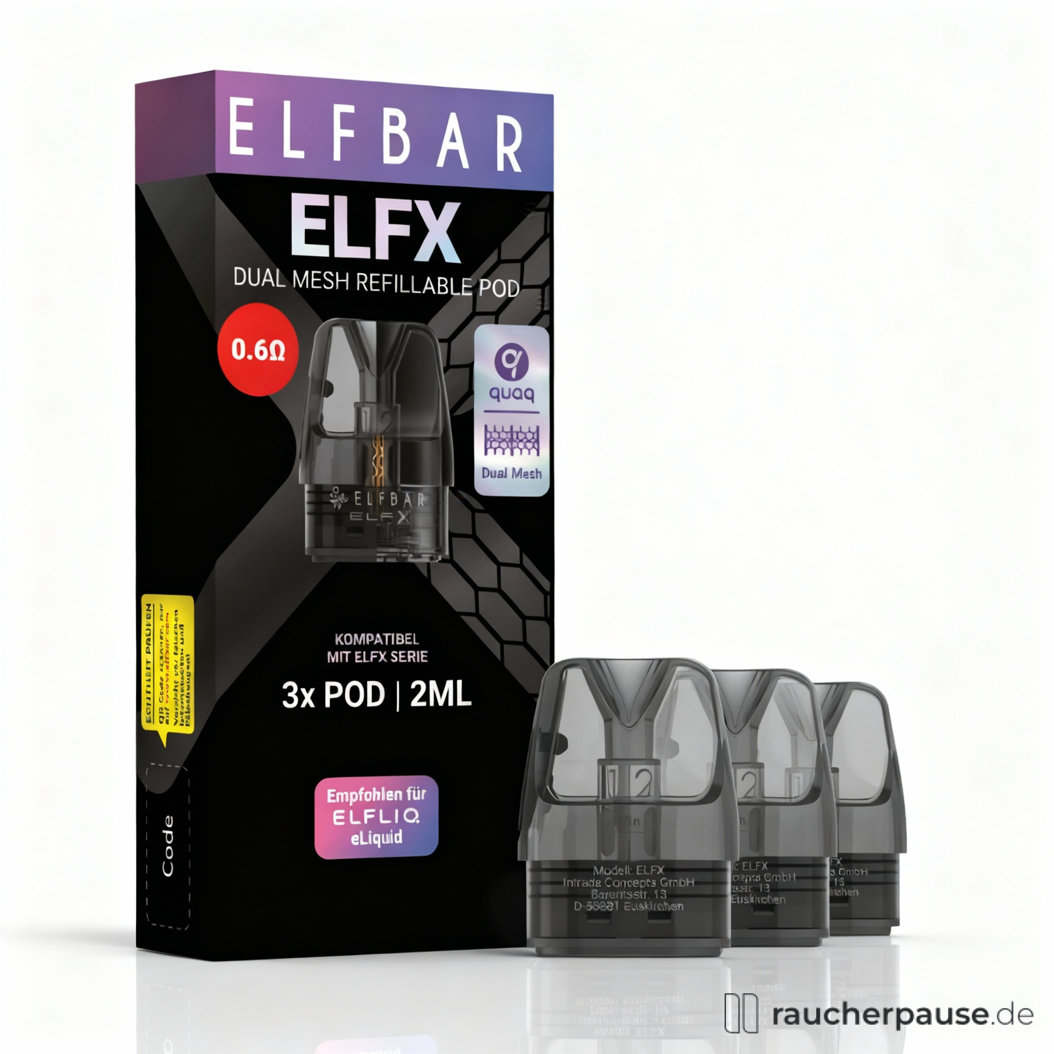 ELFX Refillable Pod 0.6 Ohm | Dual-Mesh Coils | Intensives RDL-Dampferlebnis | 2.0 ml Tank | QUAQ Heating Technology