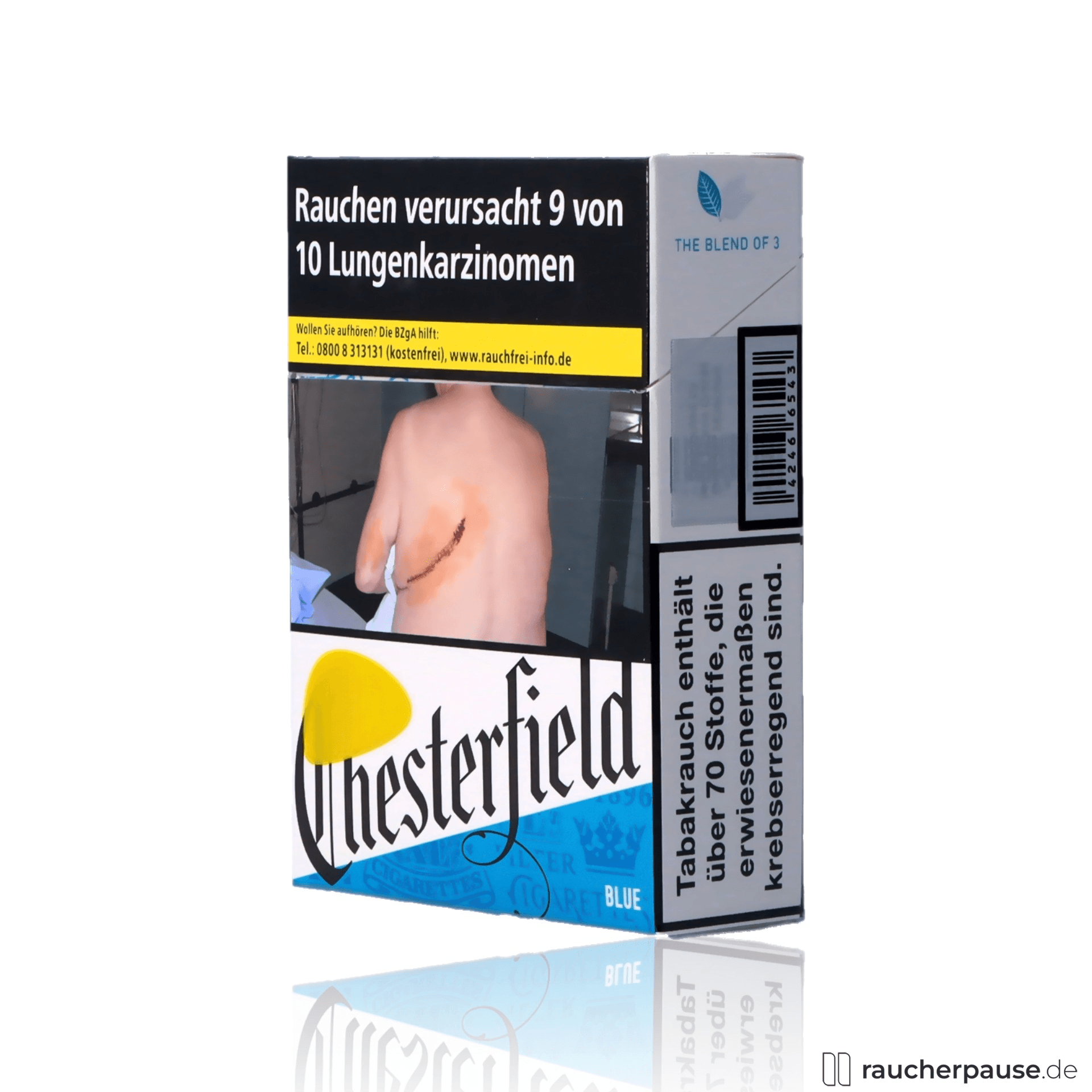 Schwarze Zigarettenbox mit blauem Akzent und gelb-schwarzem Chesterfield-Logo im rechteckigen King-Size-Format für Chesterfield Blue XL Zigaretten, 24 Stk. pro Packung.