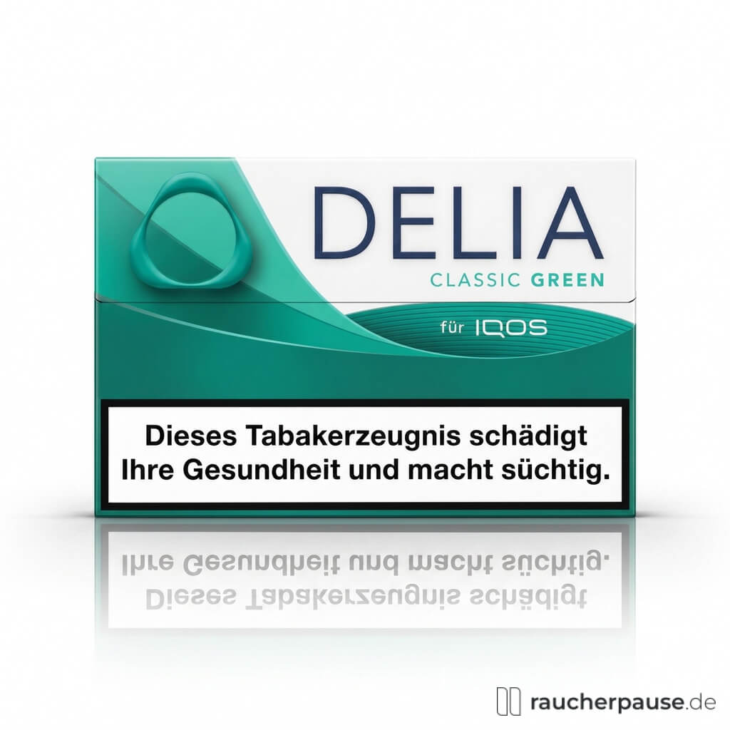DELIA Classic Green Tabaksticks in grüner rechteckiger Verpackung mit stilisiertem Logo und weißen Akzenten, IQOS ILUMA kompatibel, 20 Stück, Mentholaroma.