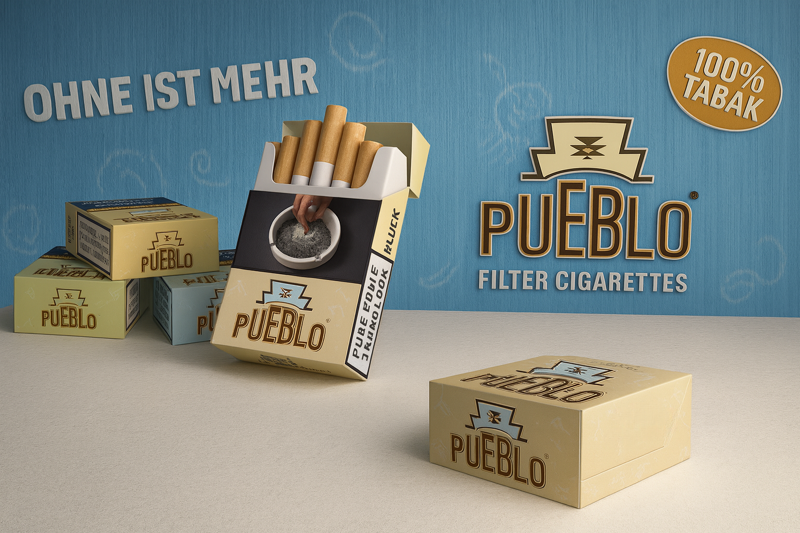 Pueblo Zigaretten mit Slogan "Ohne ist mehr" udn 100% Tabak