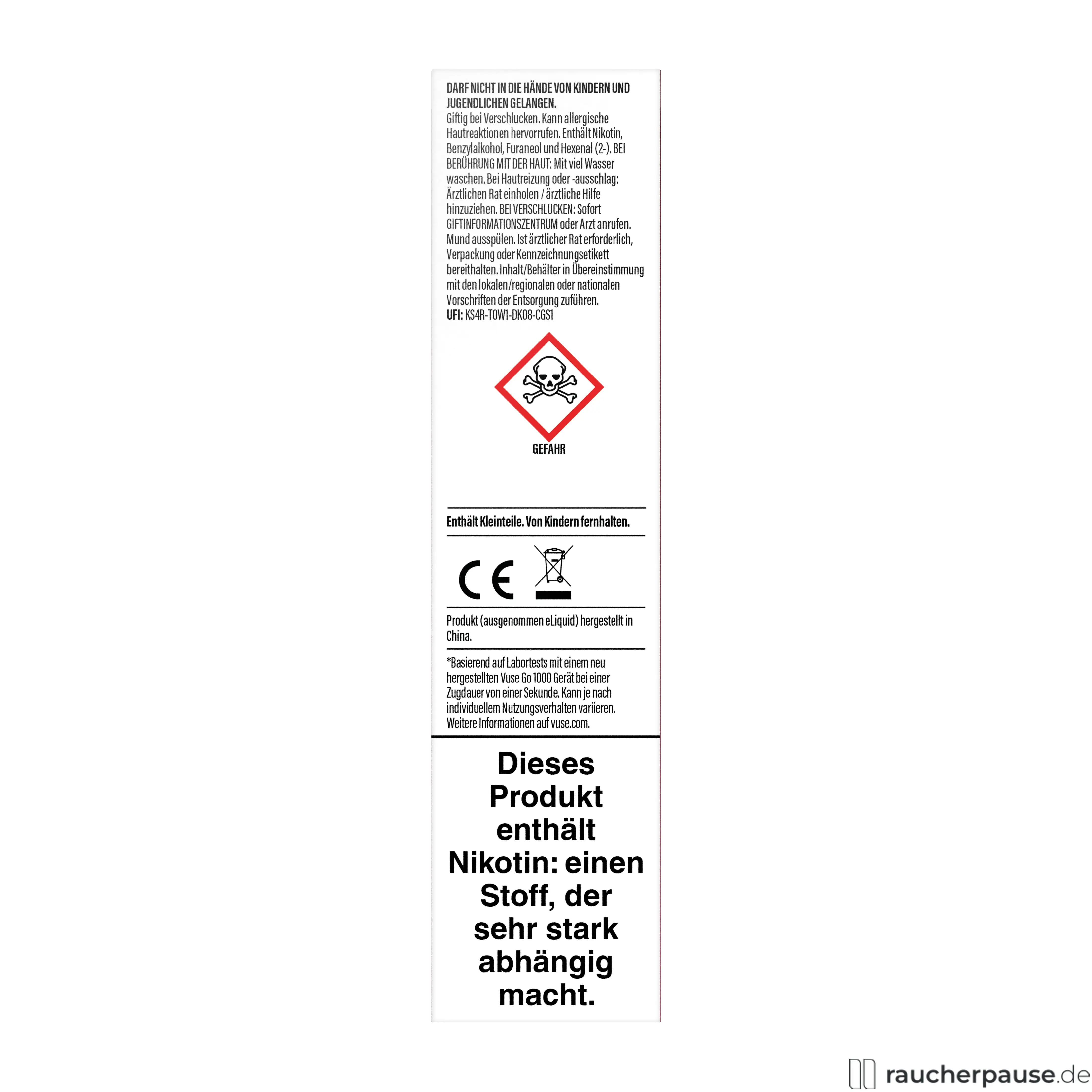 Vuse GO 1000 E-Shisha Strawberry Ice 20mg/ml Nikotin in schwarzer und weißer Dose mit rotem Logo und schwarzer Schrift.