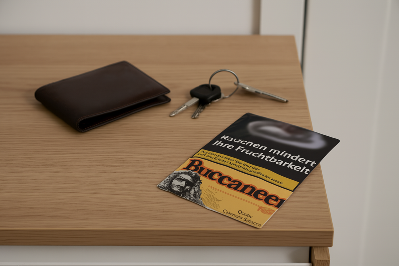 Die Essentials: Buccaneer Tabak, Portemonnaie und Schlüssel