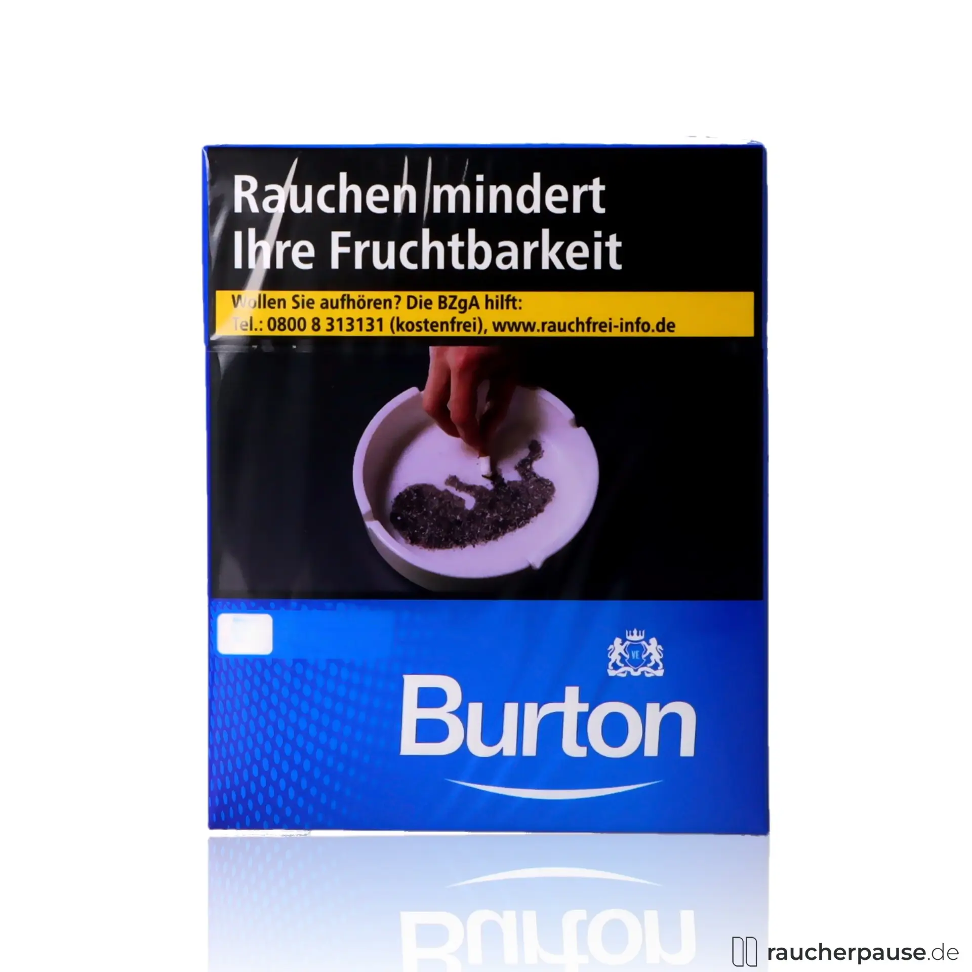 Burton Blue XXXL Zigaretten in quadratischer Box mit blauem Hintergrund, weißem Vordergrund und weißen Schriftzügen, inklusive Logo und Warnhinweis.