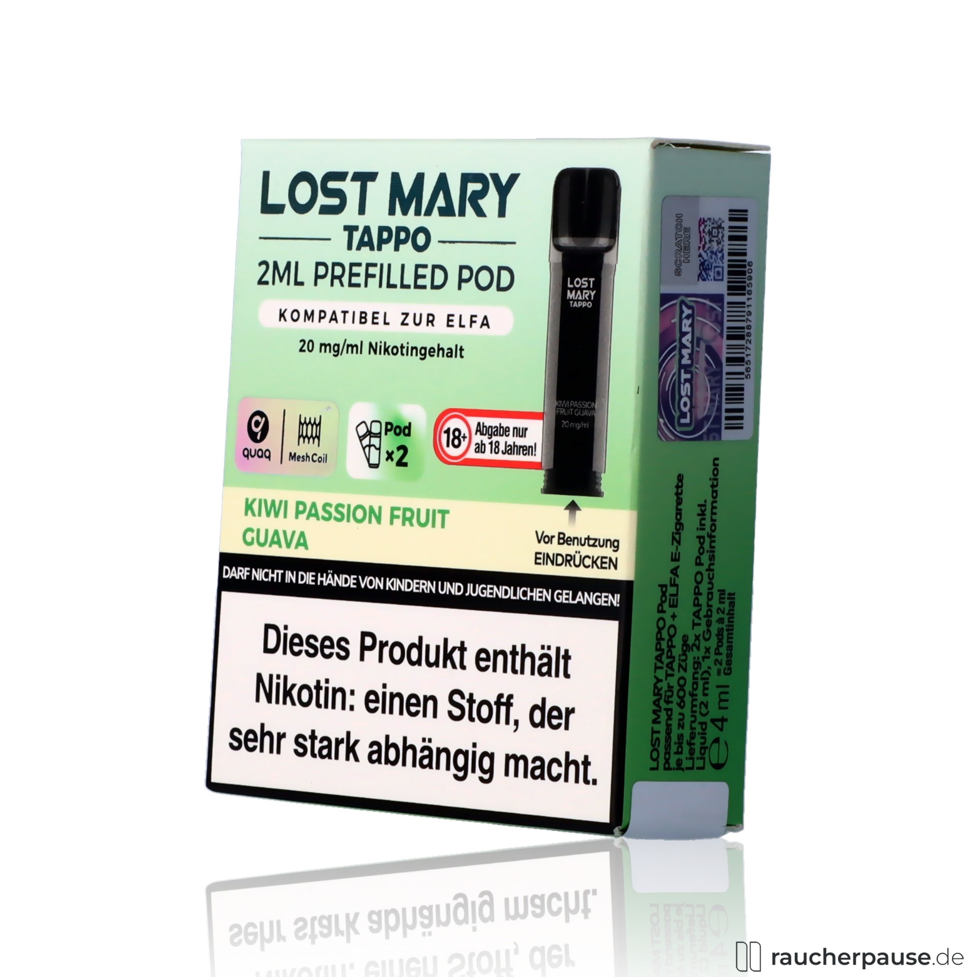 lost mary, lost mary tappo kiwi passionfruit guava prefilled pods quaq mesh coil nikotinsalz fruchtig , packshot hinterseite