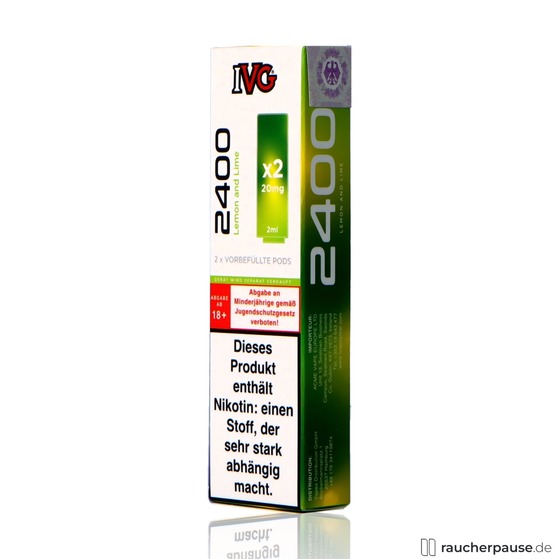 ivg, ivg prefilled pods lemon lime ml nikotin zitrone limette , packshot seitlich