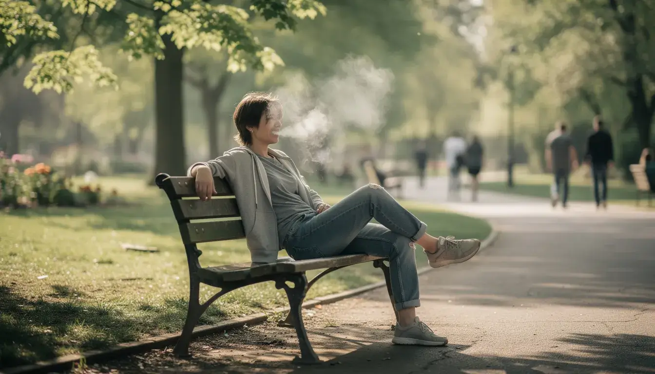 Eine Person in lässiger Kleidung sitzt entspannt auf einer Parkbank und dampft mit einer E-Zigarette ohne Nikotin. Um sie herum sind grüne Bäume und eine ruhige Parkatmosphäre, während sie das Dampferlebnis genießt.
