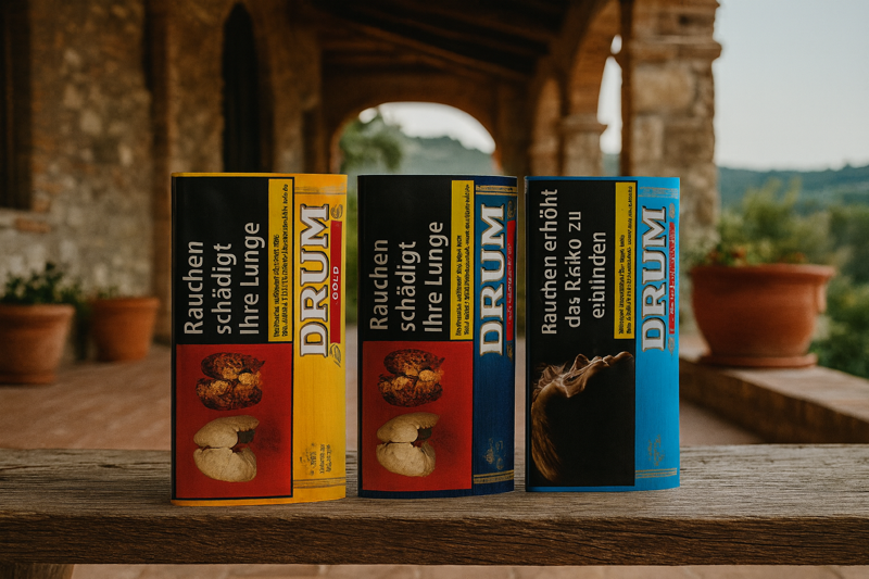 Drum Tabak Pouches, 3 Sorten in spanischem Flair mit Steinhaus im Hintergrund