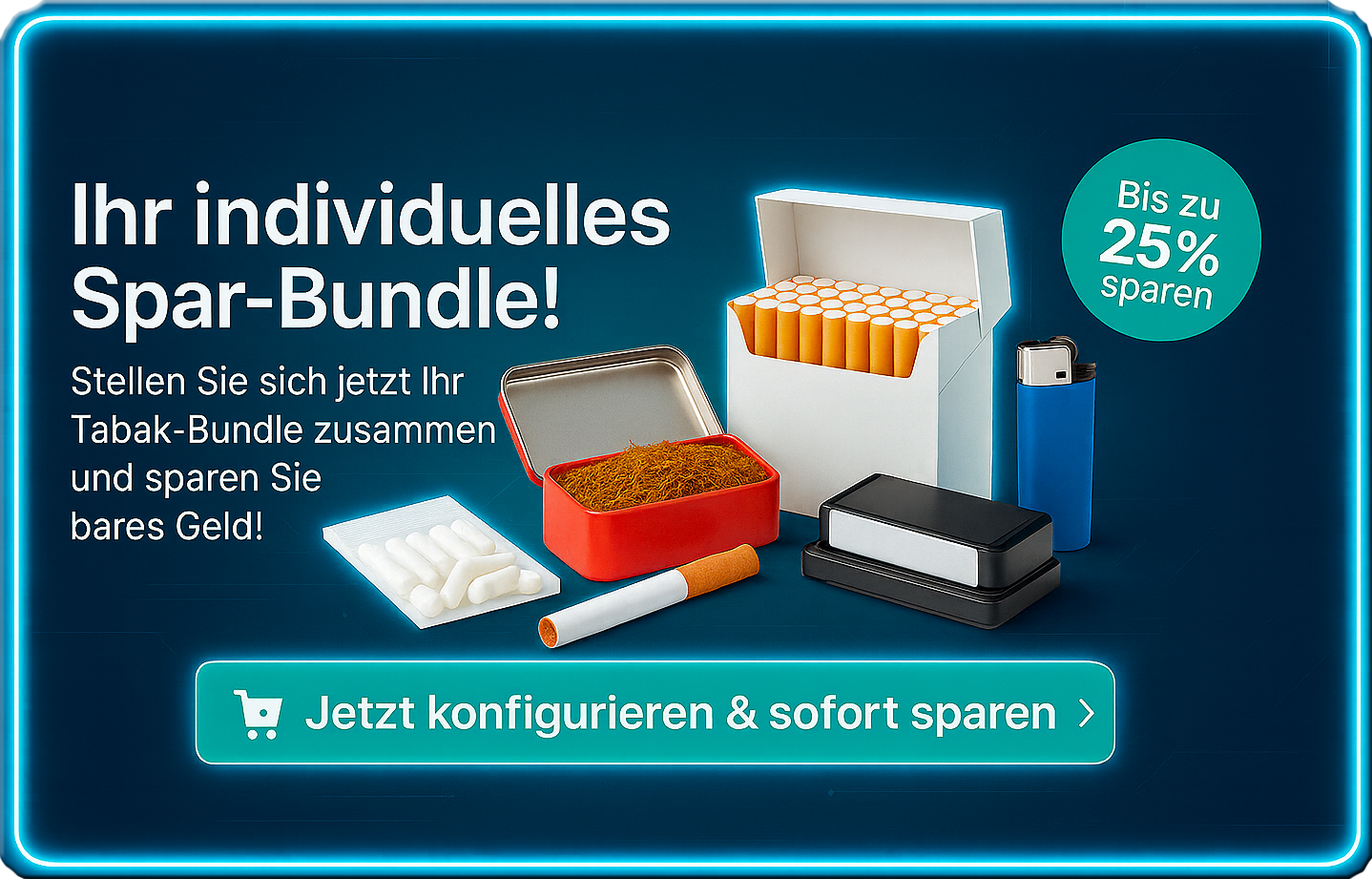 banner mit verschiedenen tabakprodukten wie tabak, hülsen, feuerzeugen etc.