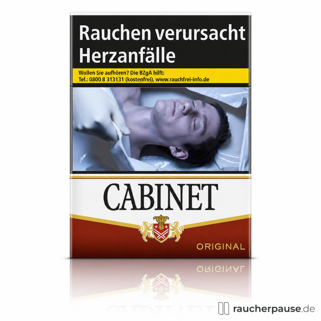 Cabinet Original XL Zigaretten in einer roten Dose mit weißem Design und dem Wappen-Logo mit Löwen und Kronenmotiv.