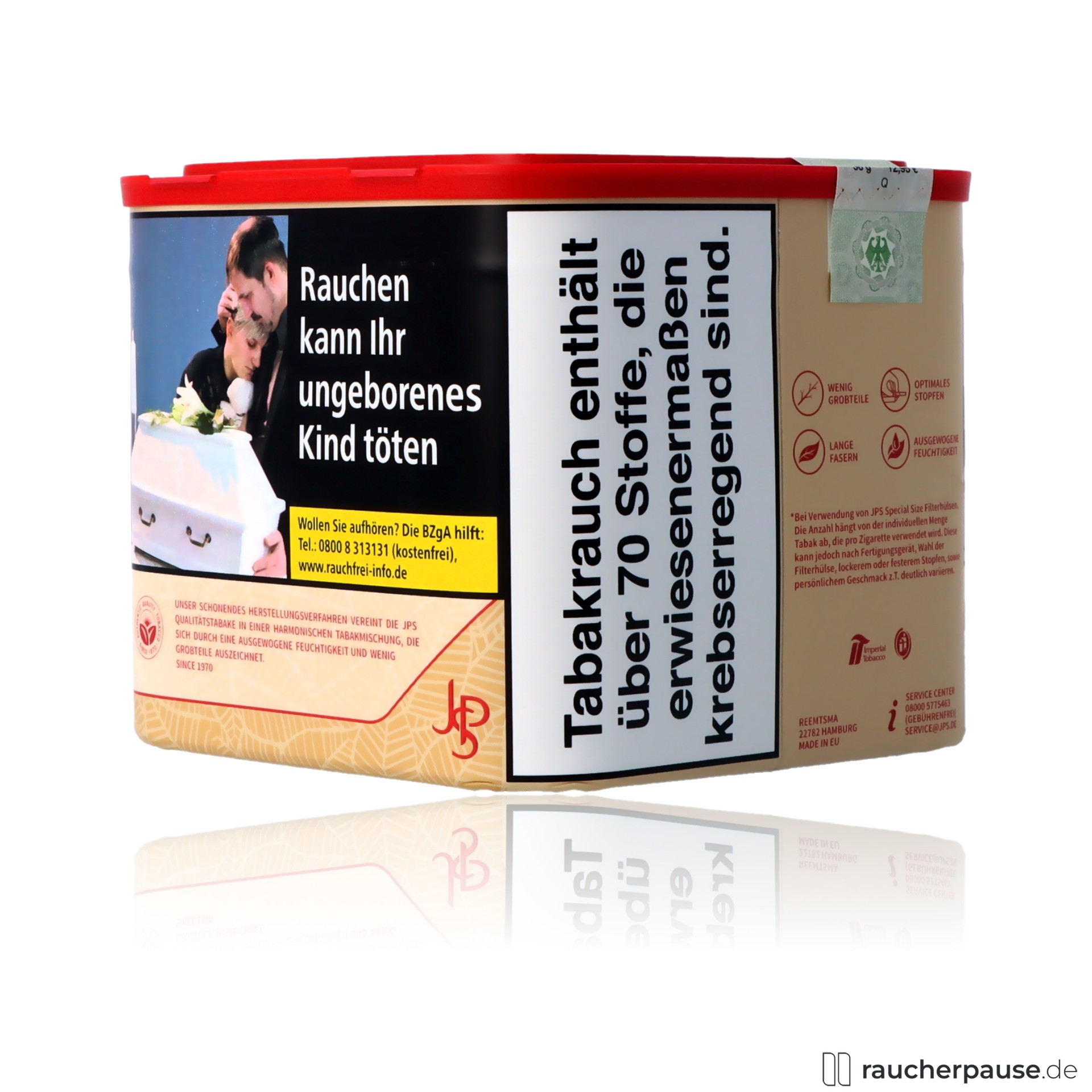 jps just red volumentabak 38g dose american blend ohne zusatzstoffe , packshot hinterseite