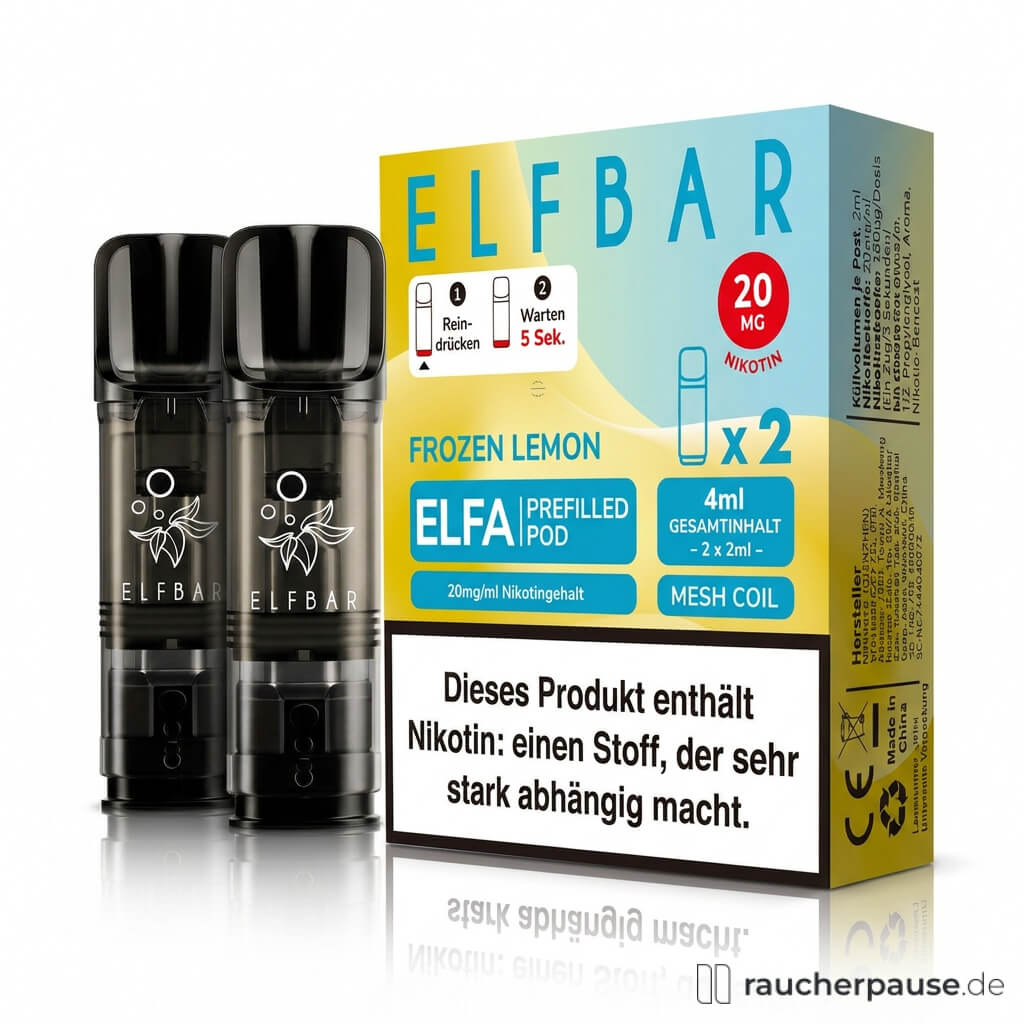 Elf Bar ELFA Prefilled Pods Frozen Lemon 20mg/ml 2x2ml in gelber und blauer quadratischer Box mit ELF BAR Logo und zwei transparenten Pods mit schwarzem Deckel.
