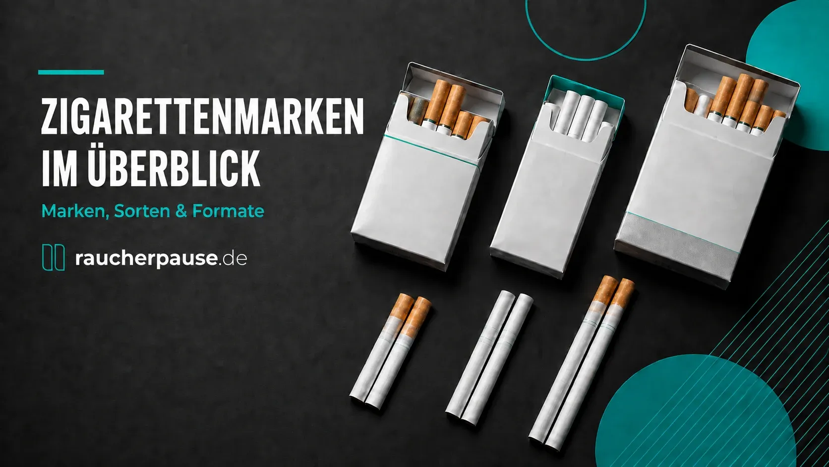 Zigarettenmarken im Überblick mit verschiedenen Zigarettenformaten und dem Logo von raucherpause.de