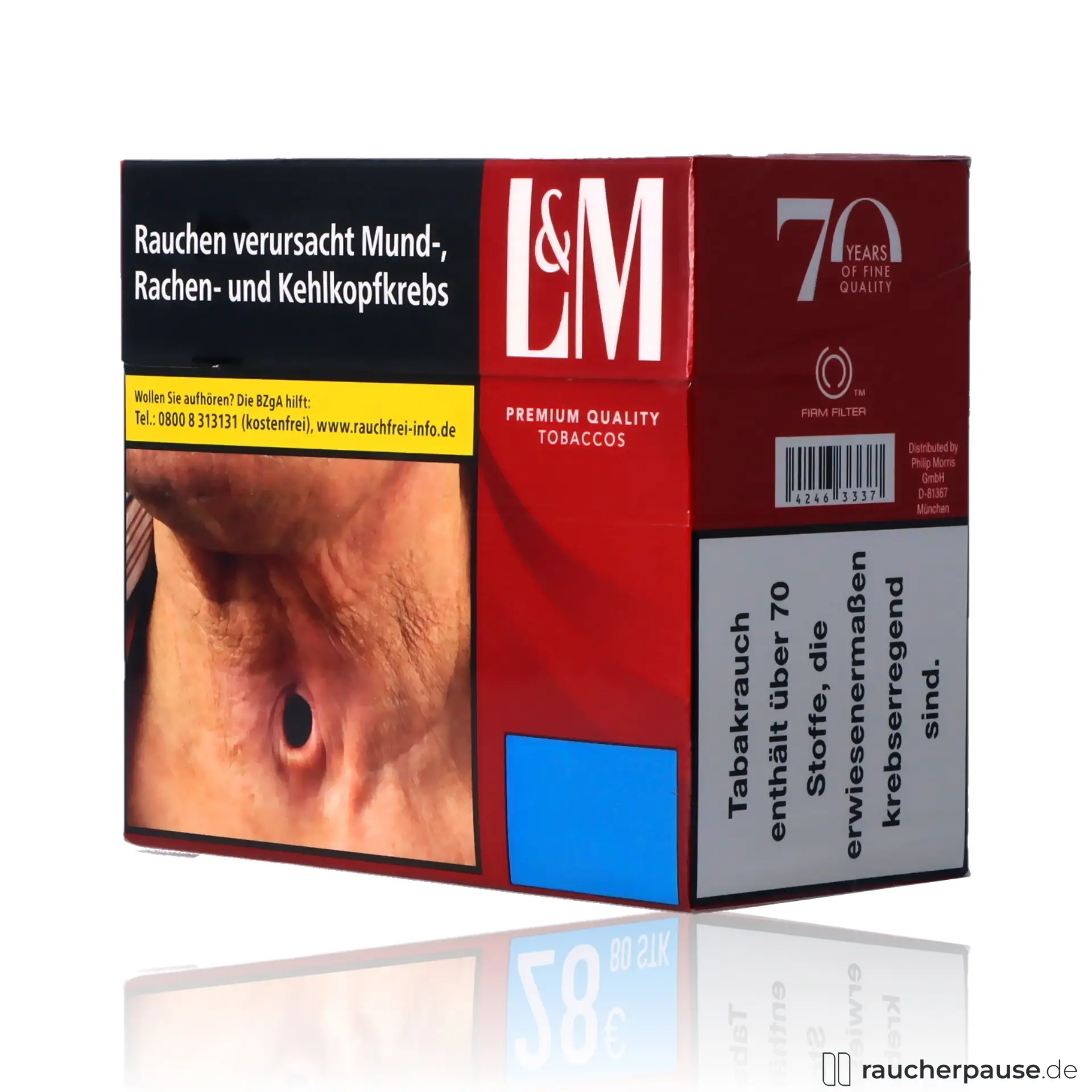 L&M Red Zigaretten in King-Size-Format mit 76 Stück pro Packung, American Blend, in roter Schachtel abgebildet.