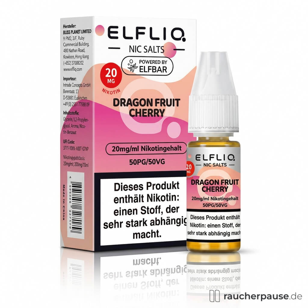 Elfliq by Elfbar Dragon Fruit Cherry Nikotinsalz Liquid 10ml 20mg/ml in pink-weißer Box mit ELF LIQ.-Logo und pastellfarbenem Hintergrund.