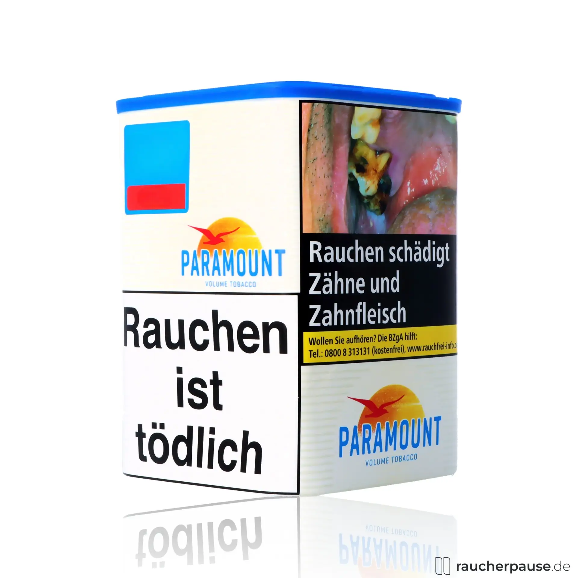 Paramount Tabak Blau in 75g Dose mit blauem Deckel und stilisiertem Vogel-Logo auf weißem Hintergrund mit roten Akzenten.