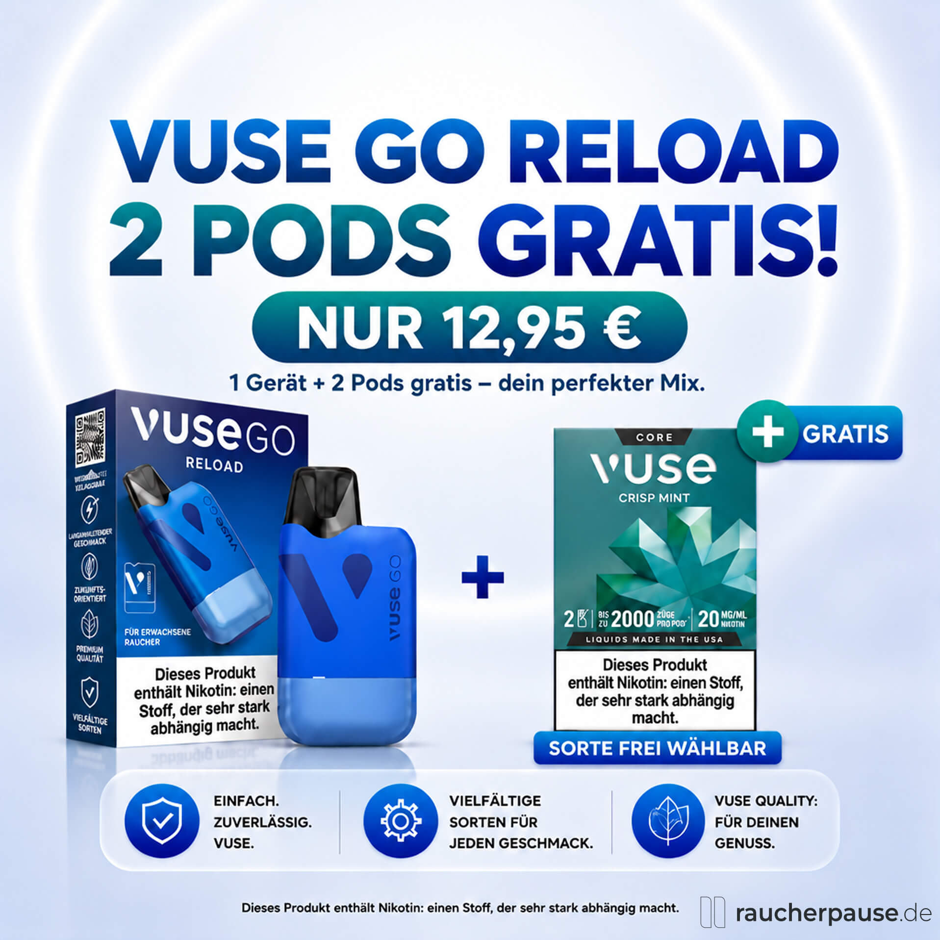 Vuse Go Reload Sommer-Set mit blau-türkisfarbener Verpackung, Gerät und zwei verschiedenen Pods in verschiedenen Farben und Geschmacksrichtungen.