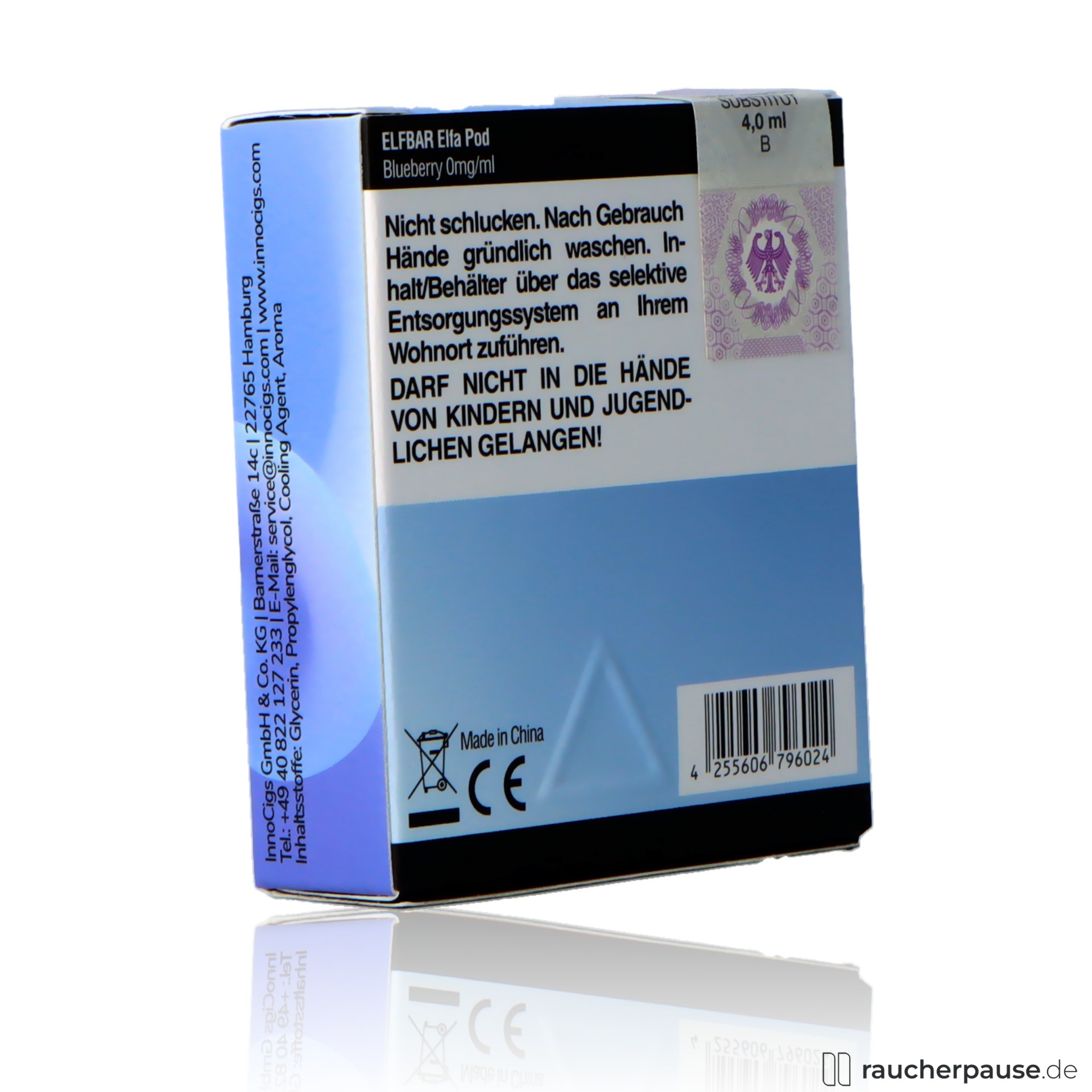 elfbar, elf bar elfa prefilled pods blueberry nikotinfrei, packshot hinterseite