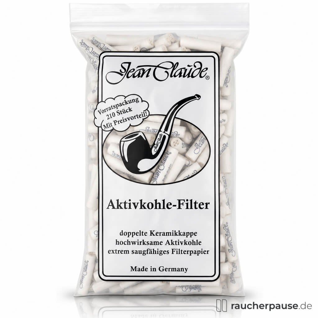 Jean Claude Aktivkohlefilter 9 mm, 210 Stück, in schwarzer und weißer transparenter Plastiktüte mit Logo und Aktivkohle-Filter-Bezeichnung.