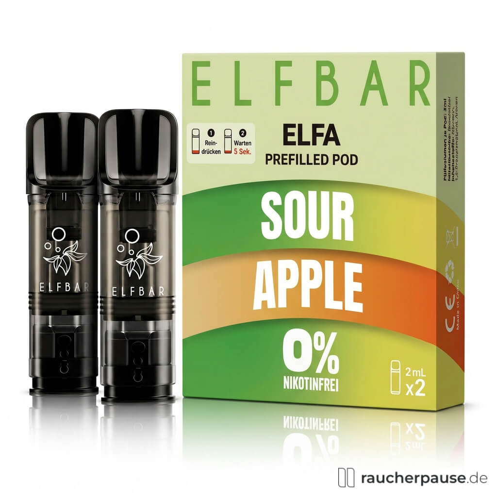 Elf Bar ELFA Prefilled Pods Sour Apple, nikotinfrei, 2x2 ml, grüne, orange und gelbe Box mit schwarz-transparenten Pods und ELF BAR-Logo von raucherpause.de