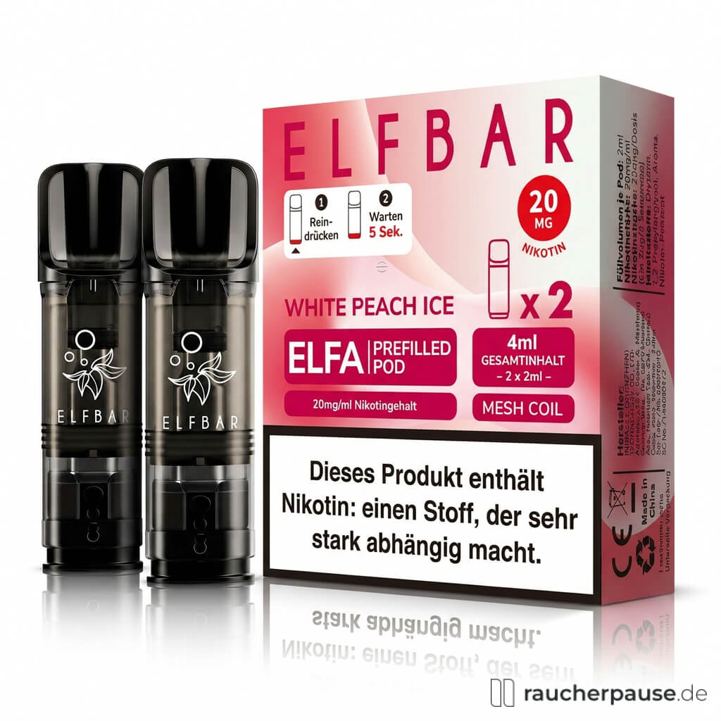 ELF Bar ELFA Prefilled Pods White Peach Ice 20 mg/ml 2x2 ml in roter und weißer Verpackung mit großem ELFBAR-Logo und Mesh-Coil.