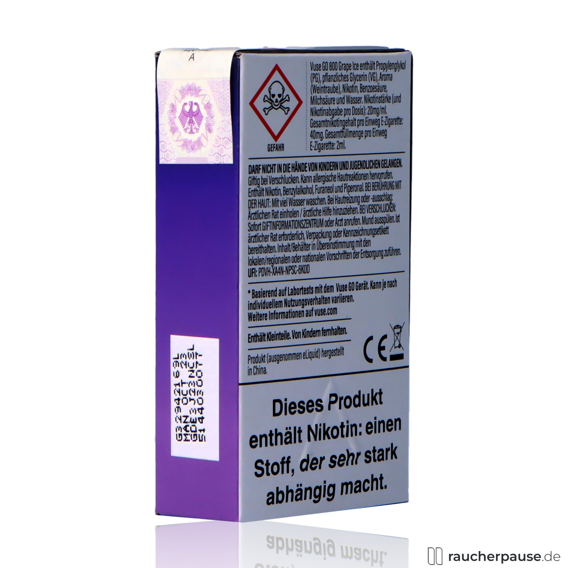 vuse, vuse go box e shisha grape ice ml nikotin traube ice , packshot hinterseite
