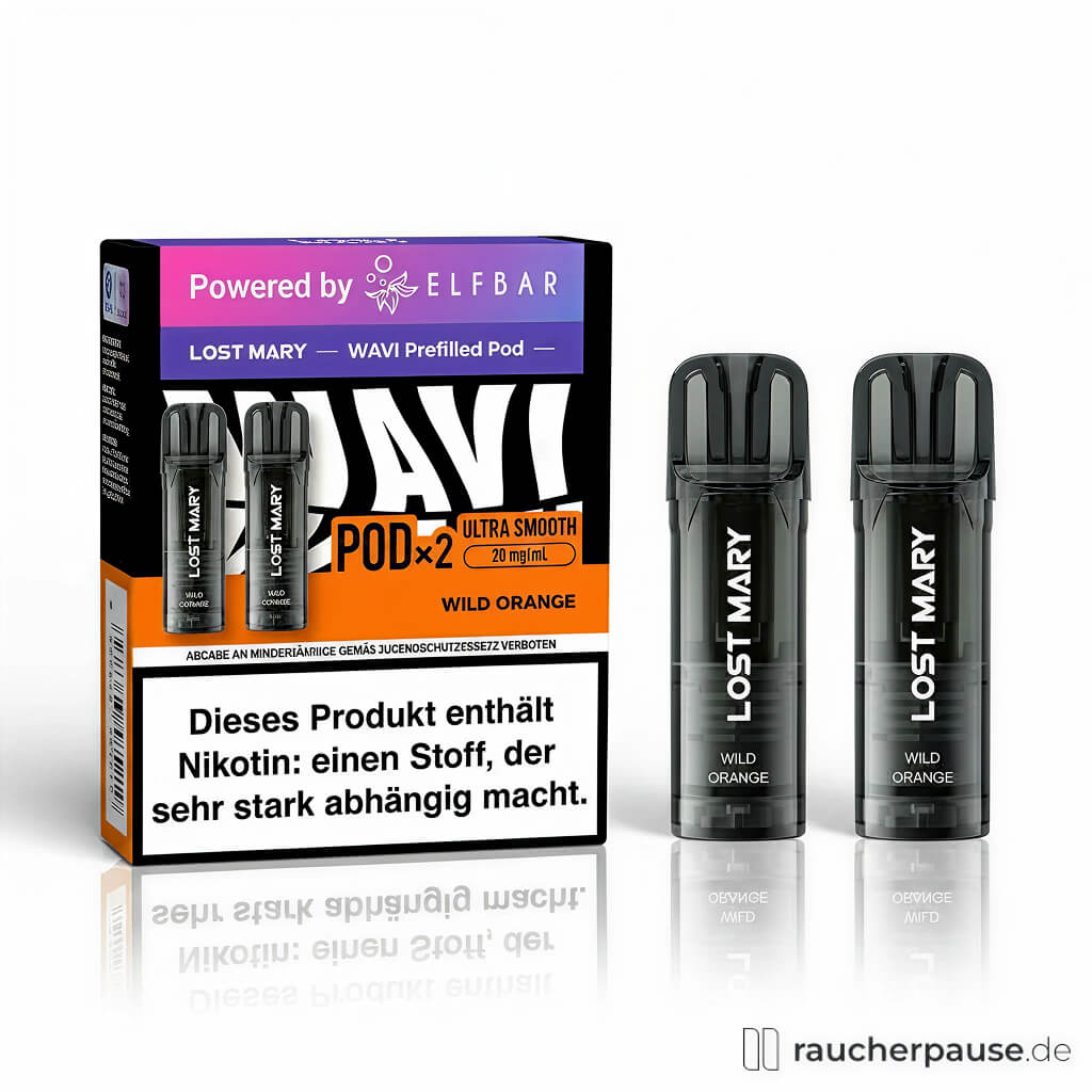 Lost Mary Wavi Pods Wild Orange, 20 mg/ml Nikotinsalz, in schwarzer und orangefarbener Box mit ELF BAR-Logo und zwei Pods im weißen Hintergrund.