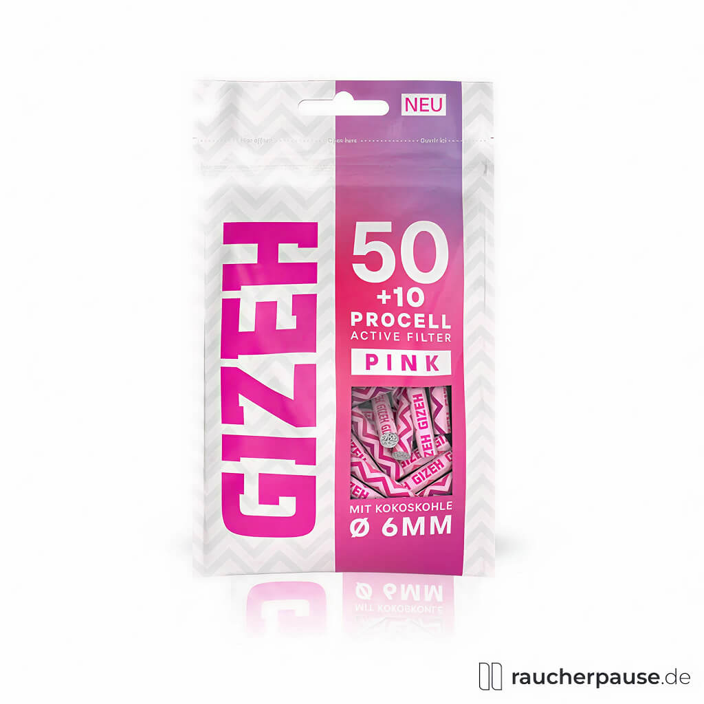 Gizeh ProCell Active Filter Pink 6 mm in transparenter Beutelverpackung mit hängendem Haken und pinkem GIZEH-Logo, enthaltend 60 Stück.