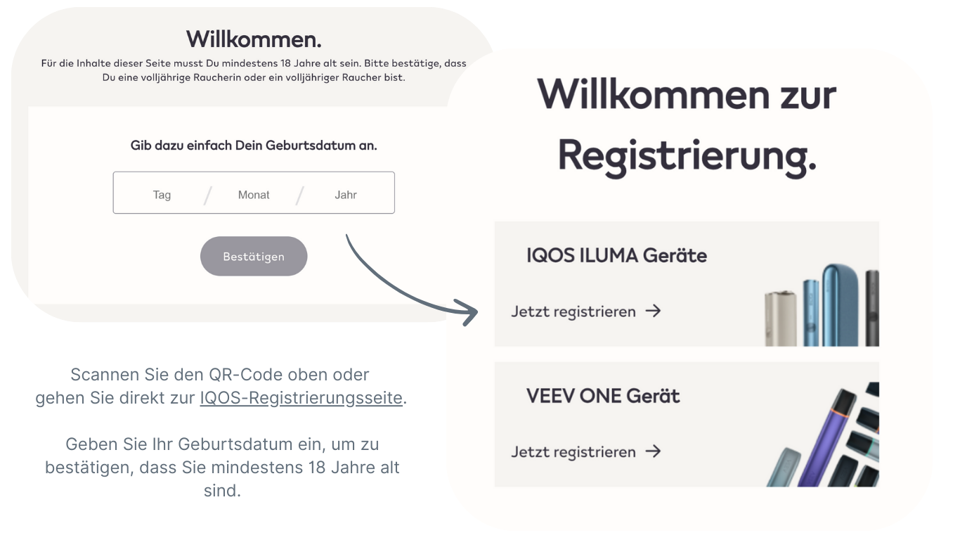 Iqos Registrierung Schritt 1: Geburtsdatum angeben und IQOS Iluma Gerät auswählen