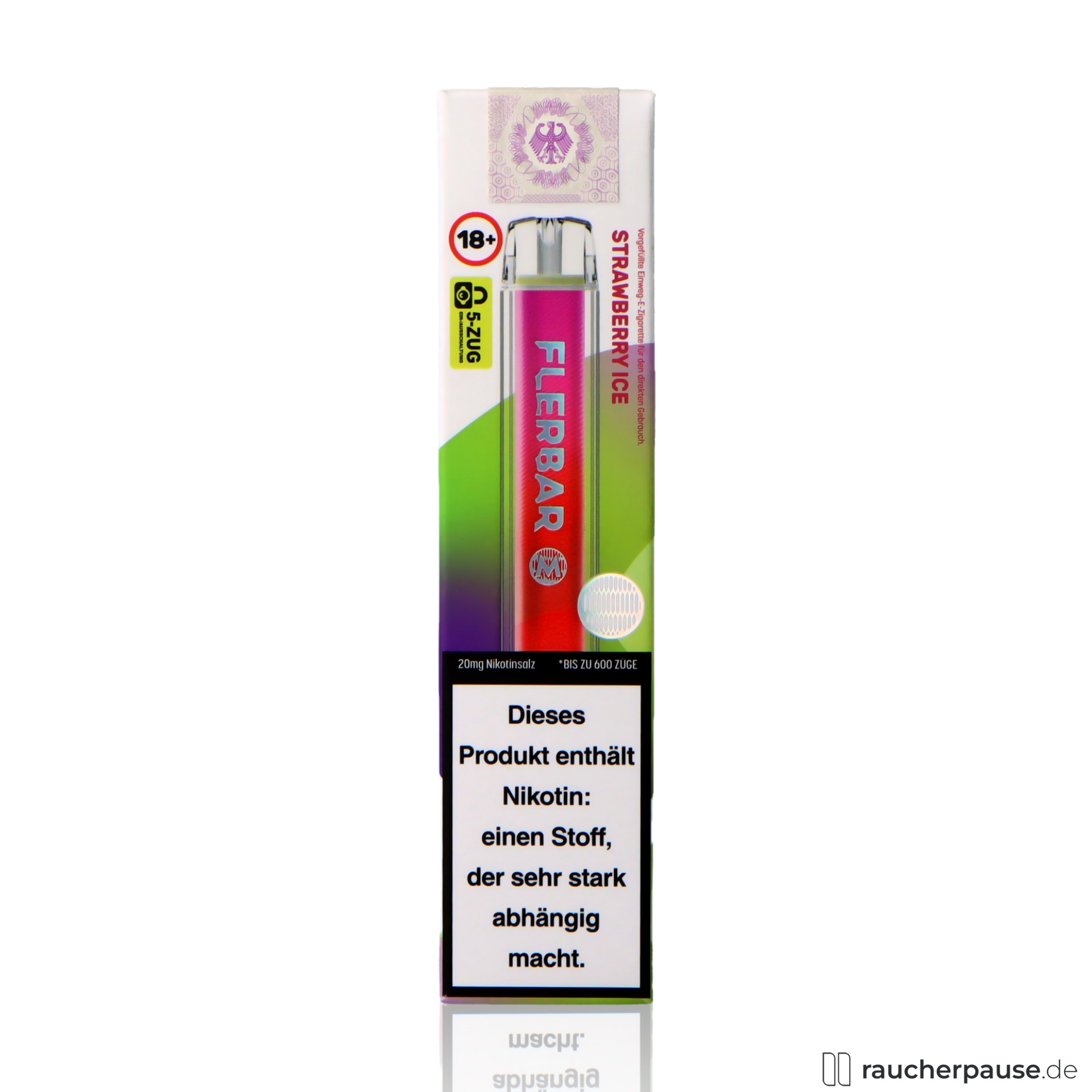 Flerbar Einweg Vape | Strawberry Ice | 600 Züge | 20 mg/ml Nikotin | Erdbeere & Ice flerbar, flerbar einweg vape strawberry ice zuege ml nikotin erdbeere ice , packshot seitlich