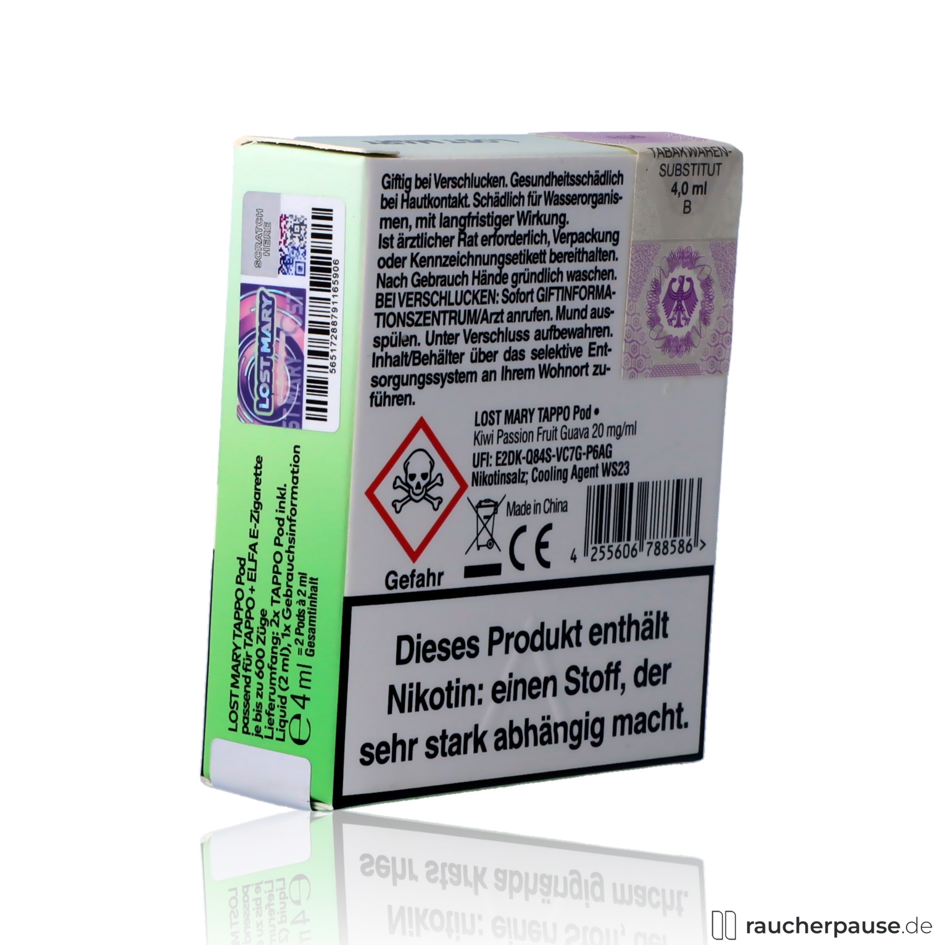 lost mary, lost mary tappo kiwi passionfruit guava prefilled pods quaq mesh coil nikotinsalz fruchtig , packshot seitlich