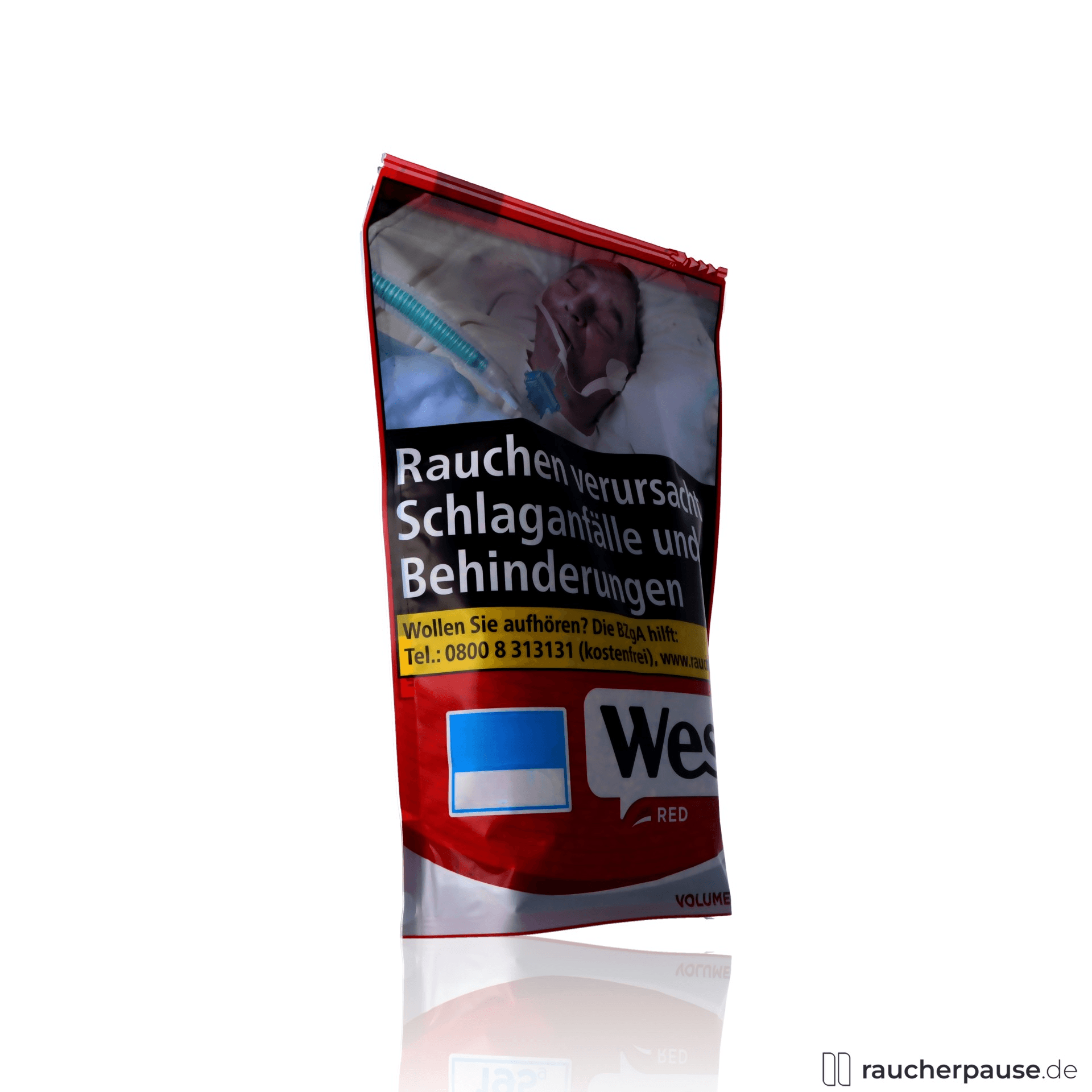 West Red Volumentabak 185g Beutel American Blend in roter Säckchen-Verpackung mit blauem Quadrat-Logo und weißen Punkt.