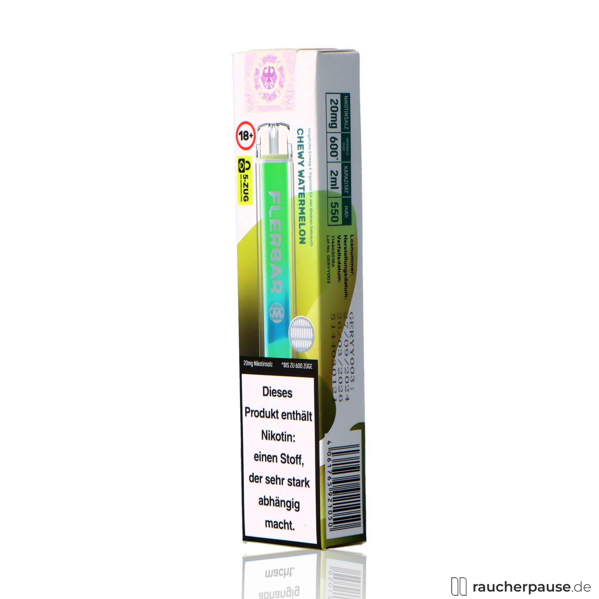 flerbar, flerbar einweg vape chewy watermelon zuege ml nikotin kaugummi wassermelone, packshot vorderseite