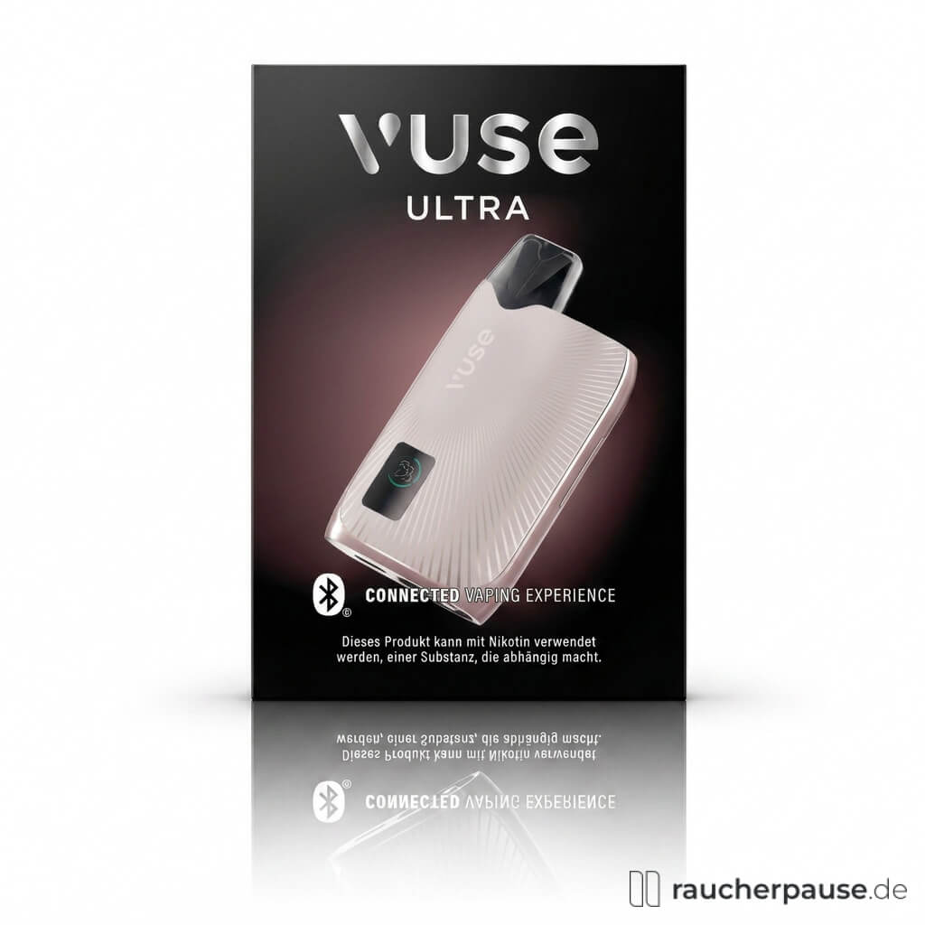 Vuse ULTRA E-Zigarette Kit Pearl Rosé in schwarzer Box mit silbernem Logo und modernem, silbernen Gerät mit radialen Muster und Bluetooth-Symbol.