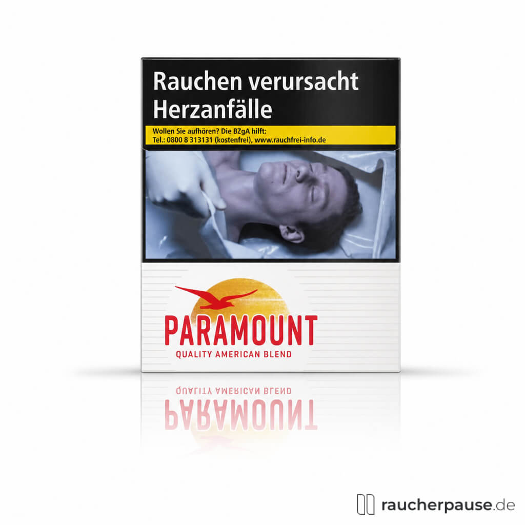 Paramount Red Zigaretten, 35 Stk. pro Packung, in weißer Verpackung mit rotem Logo auf einem Hintergrund mit liegendem Menschen.