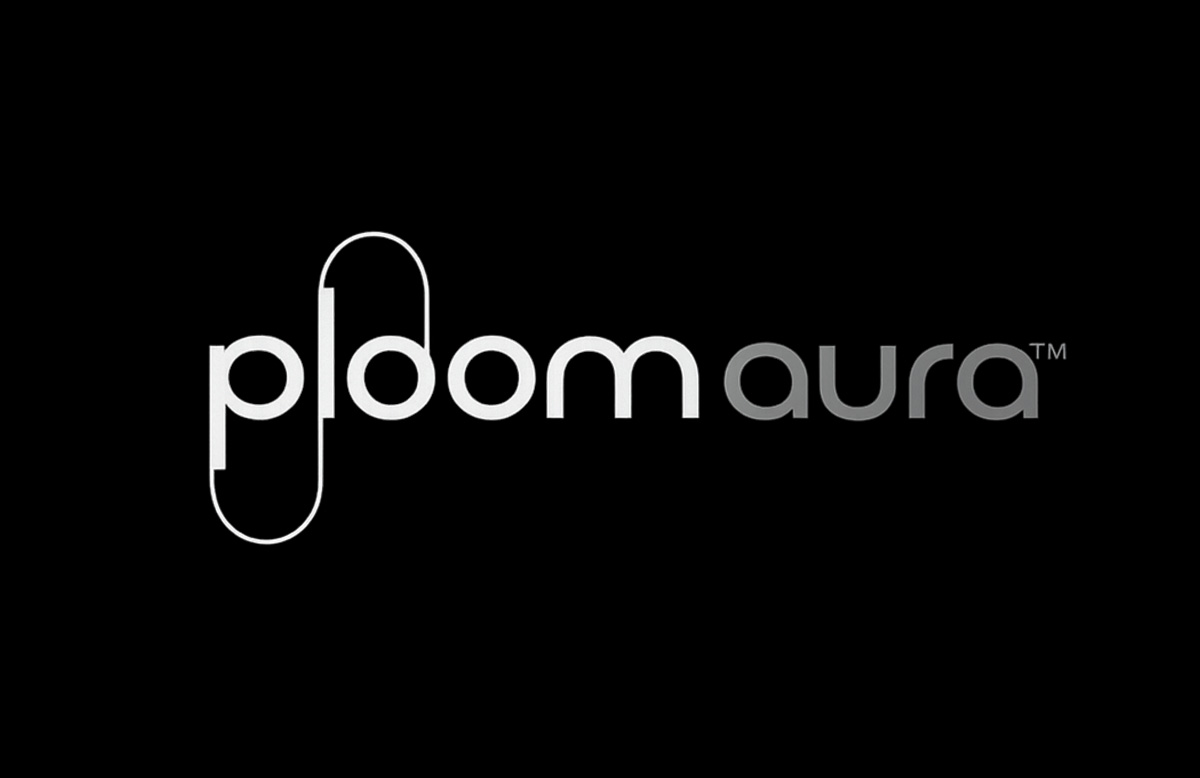 Ploom Aura Logo in modernem schwarzem und silbernem Design auf dunklem Hintergrund