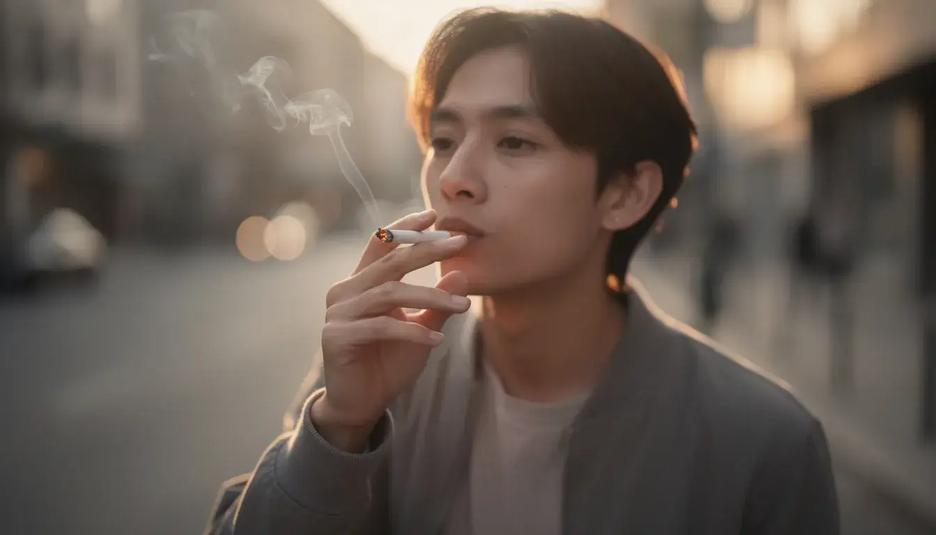 Ein Mann raucht eine leichte Zigarette. Im Hintergrund ist eine Straße einer Stadt zu sehen.