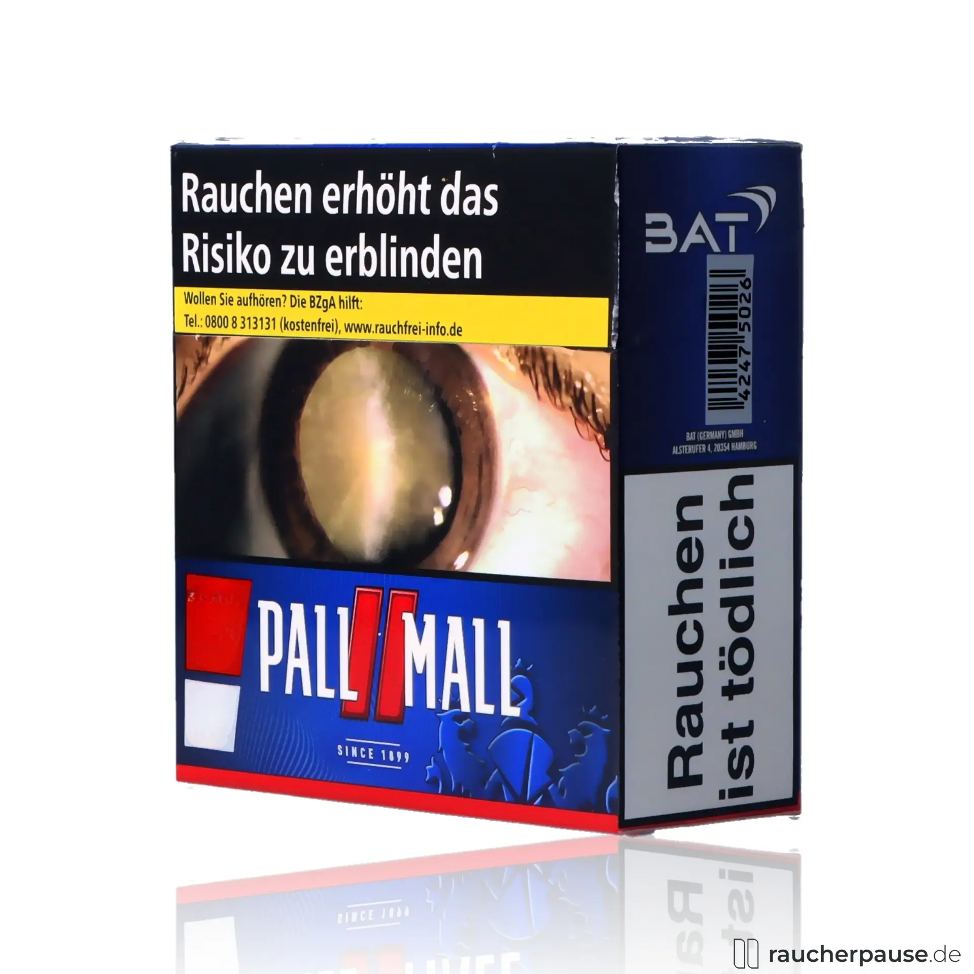 Pall Mall Red Jumbo Zigaretten, 50 Stk. pro Packung, in einer stilvollen Dose mit blauem Hintergrund und roten sowie weißen Details.
