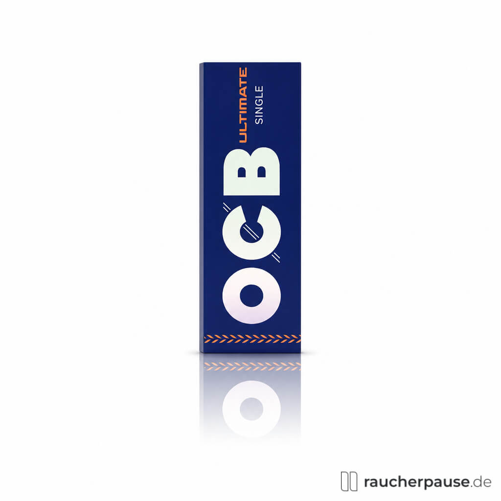OCB Ultimate Short Single Zigarettenpapier, 50 Blättchen, in einer stilvollen blau-orangen Box mit modernem Logo in großen Buchstaben.