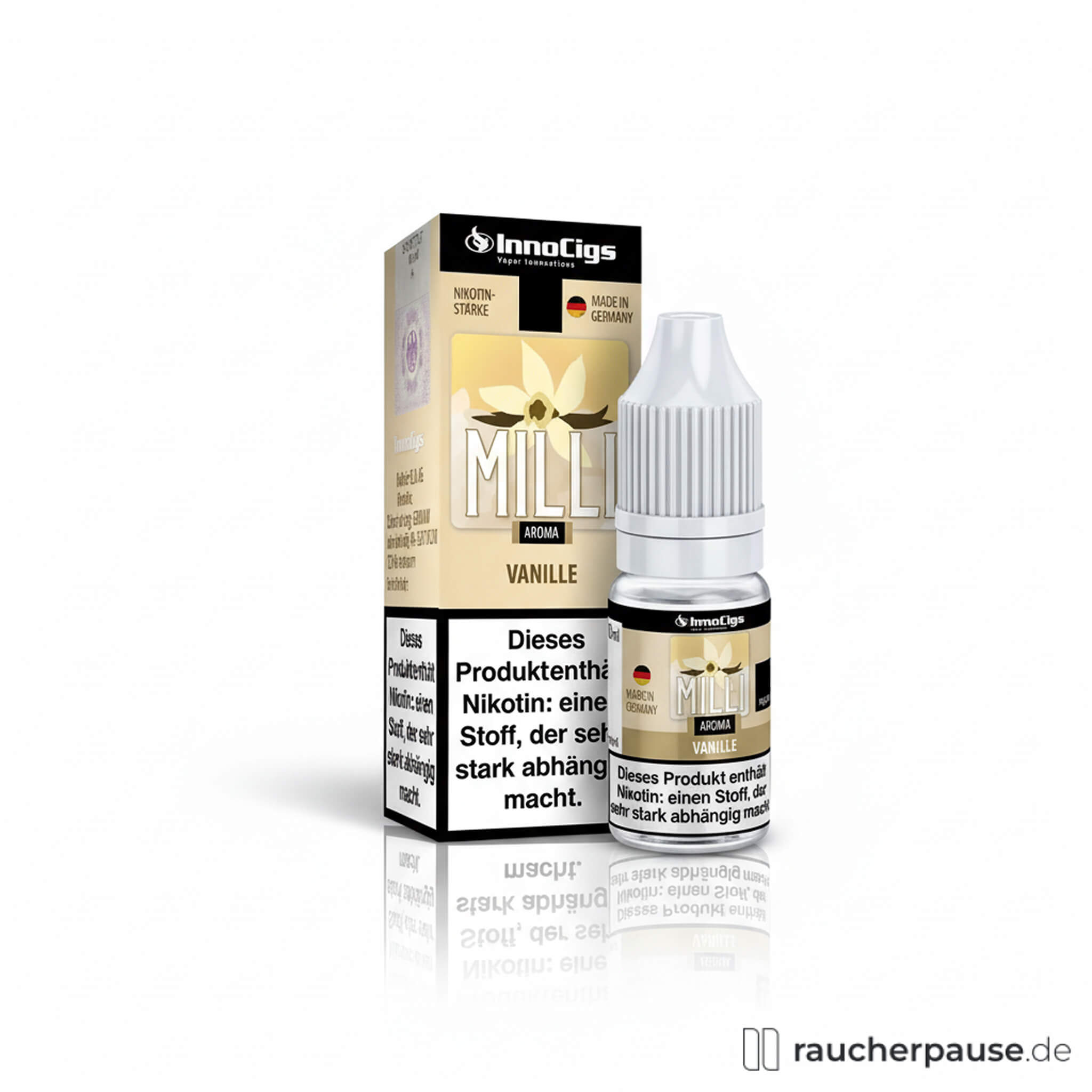InnoCigs Milli Vanille E-Liquid in 10ml Flasche mit 0mg Nikotin und cremigem Vanille-Aroma in transparenter Glasflasche.