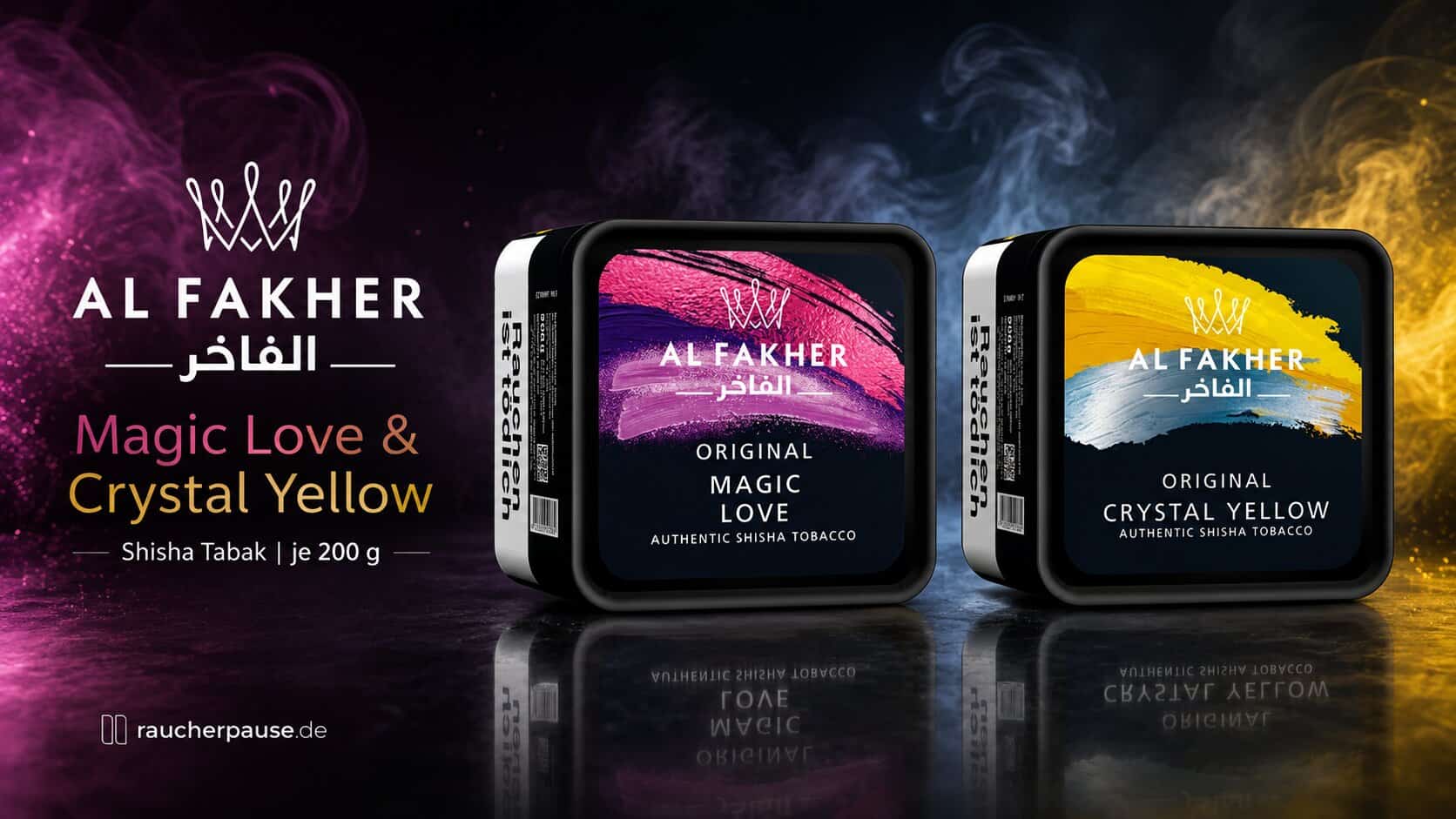 Al Fakher Shisha Tabak Magic Love und Crystal Yellow in 200-g-Dosen